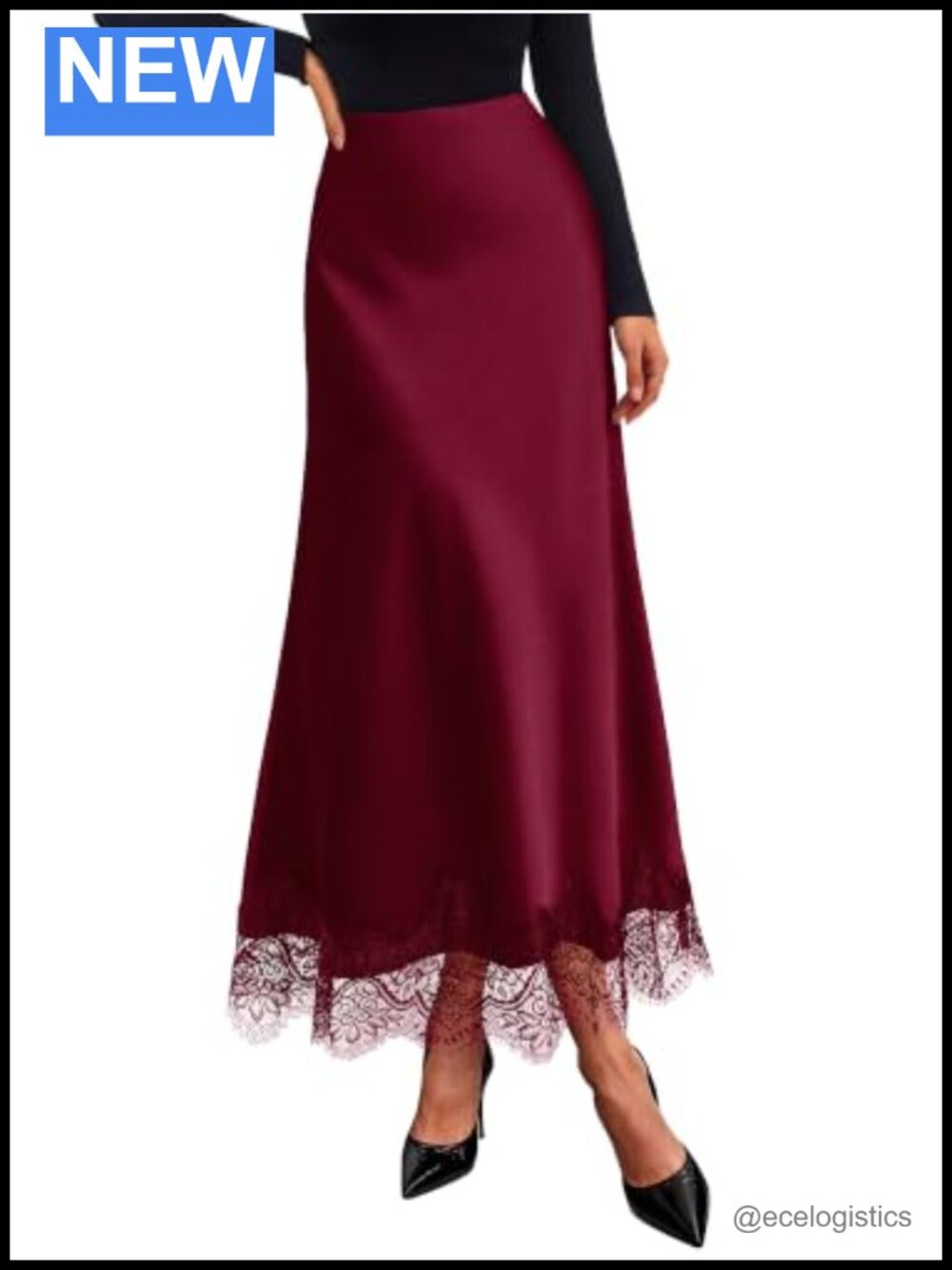 High Waisted A-Line Maxi Skirt with Lace Trim Satin Women